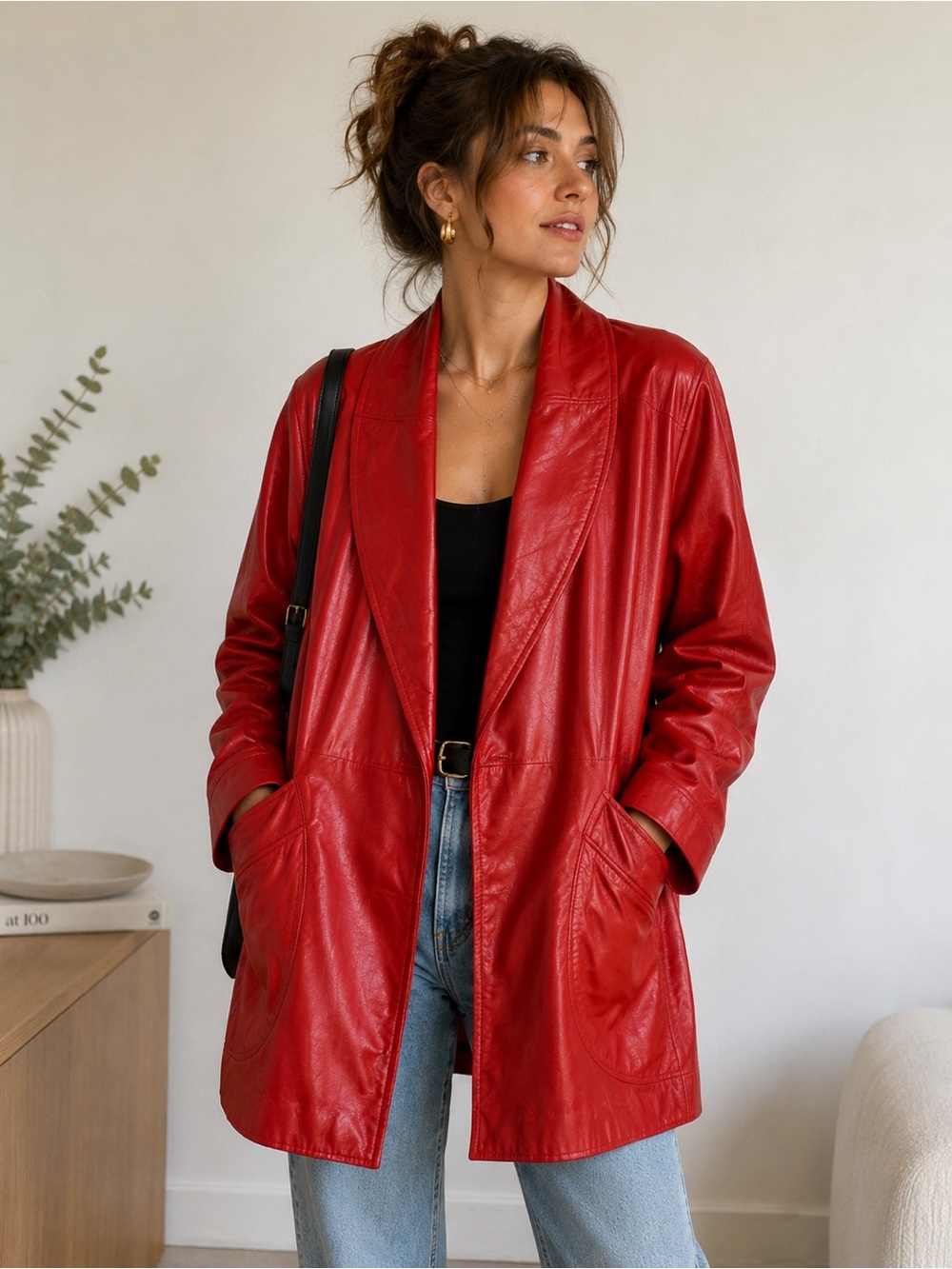 Vintage G-III Women’s M Red Leather Long Coat Jacket Shawl Collar